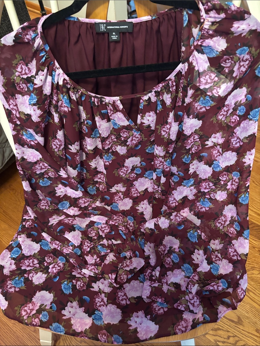 INC International Concepts Burgundy Floral Peasant Blouse